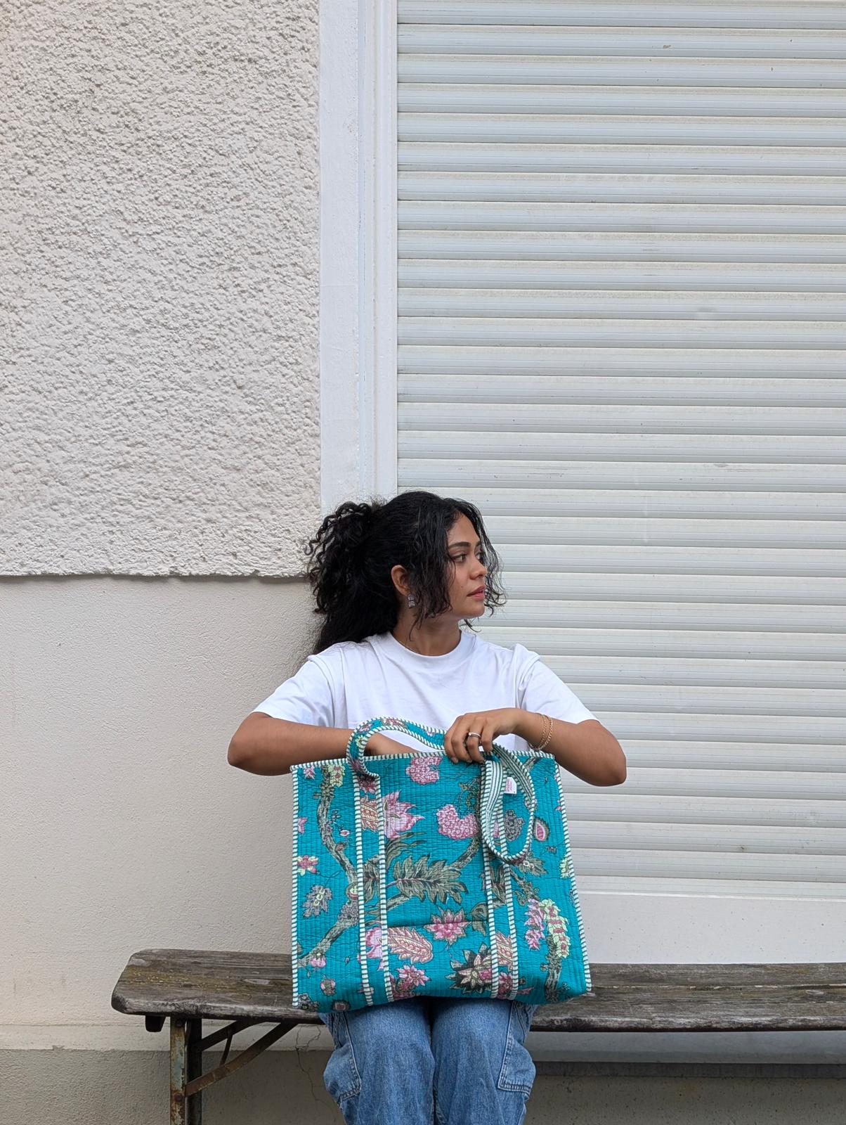 Turquoise Blue Quilted Cotton Tote Bag in Germany