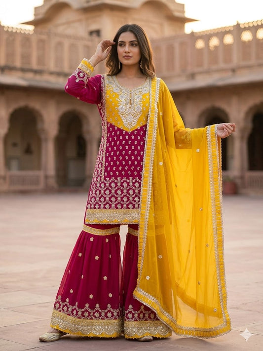 Magenta and yellow embroidered georgette sharara suit set in Berlin