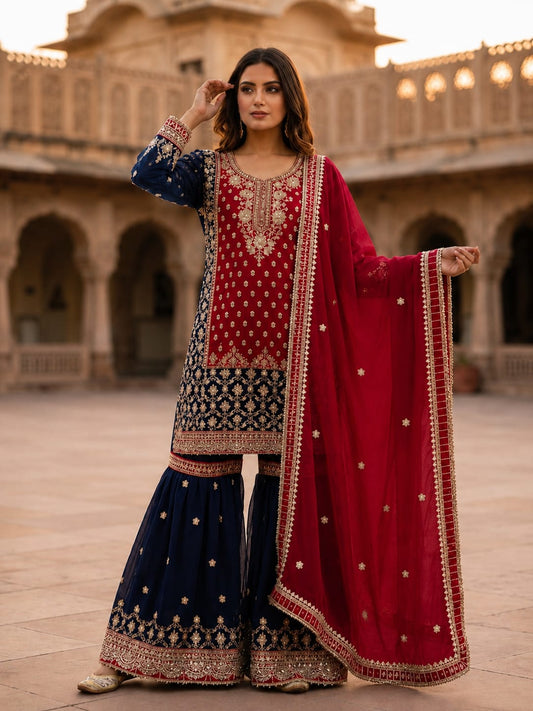 Navy Blue and Deep Red embroidered georgette sharara suit set in Berlin