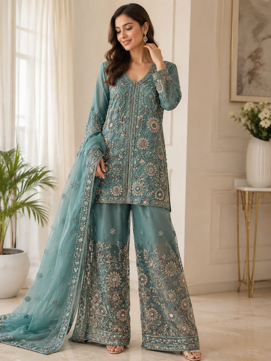 Powder Blue embroidered net sharara suit set in Berlin