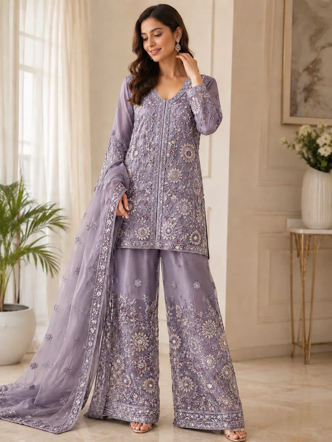 Lavender embroidered net sharara suit set in Berlin