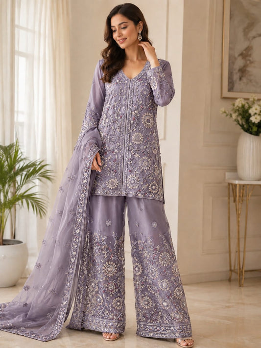 Lavender embroidered net sharara suit set in Berlin