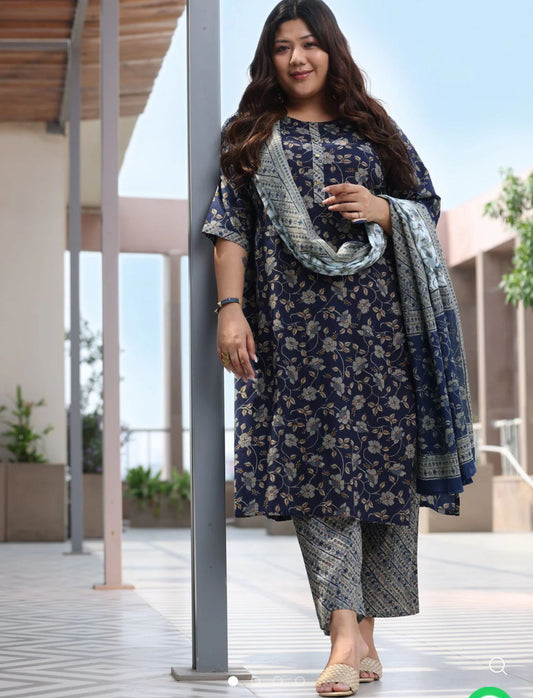 Plus Size Blue Printed Cotton Straight Suit With Dupatta embroidery and fabric detail - Neha Couture Indian Fashion