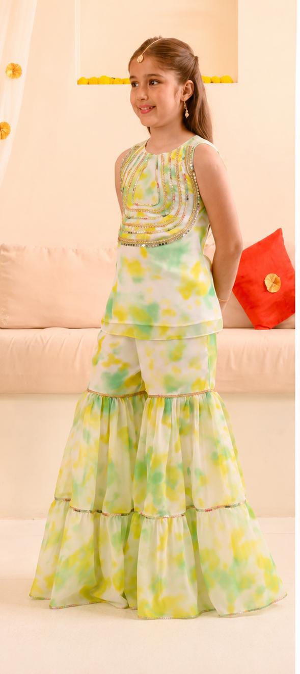 Girls White And Green Tie Dye Georgette Kurta Sharara Dupatta Set in Berlin