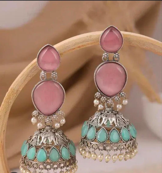 Oxidised Silver Pink and Mint Green Jhumka Earrings in Berlin