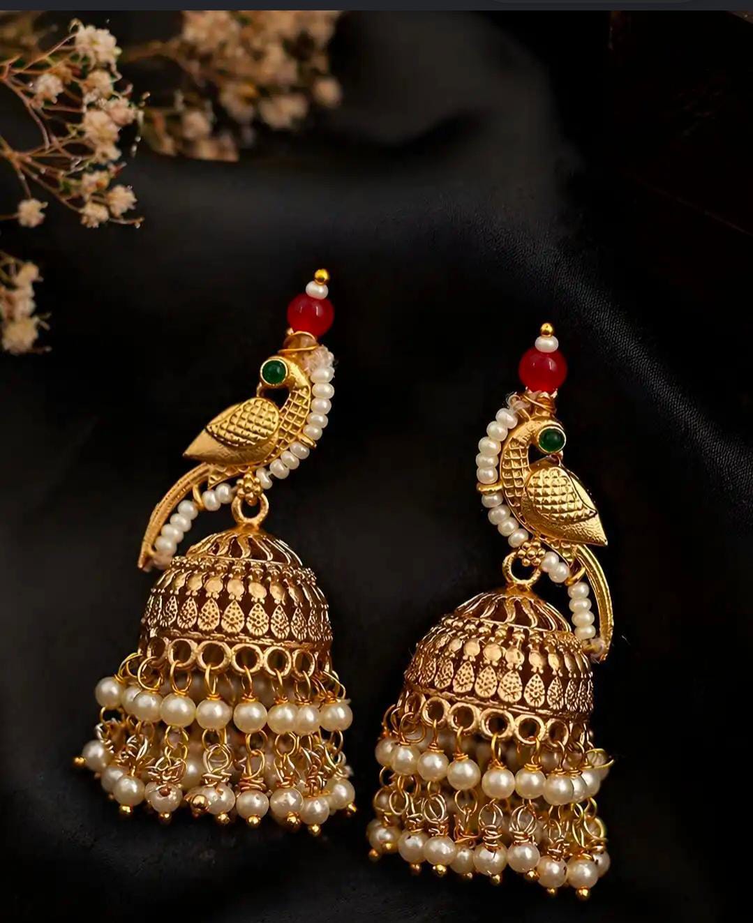 Peacock Shaped Jhumka Earrings with Pearl Drops in Germany