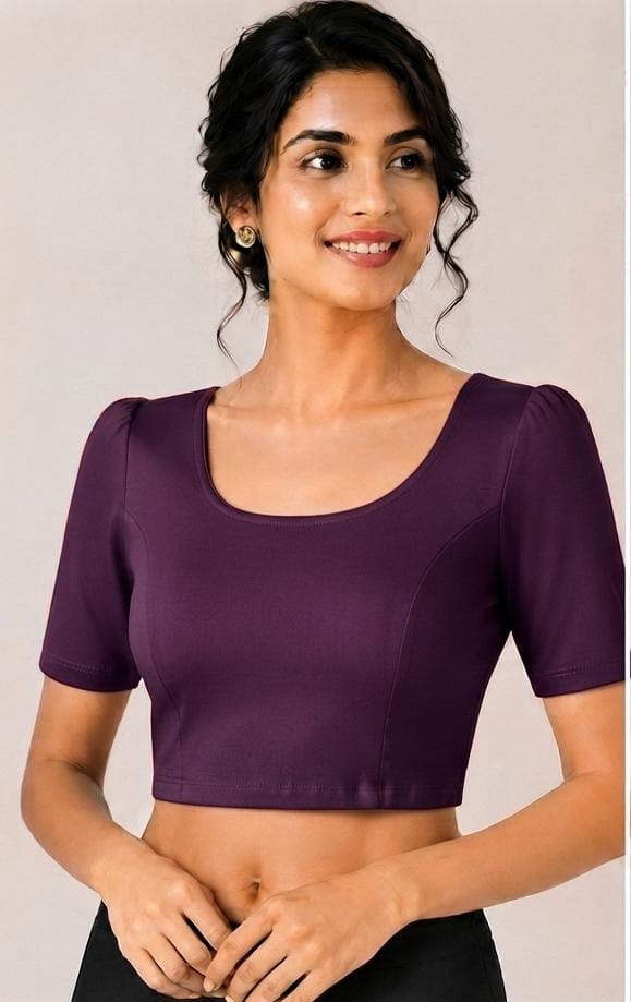 Dark plum purple Crushed Textured Saree Blouse with Scoop Neck and Puff Half Sleeves in Germany