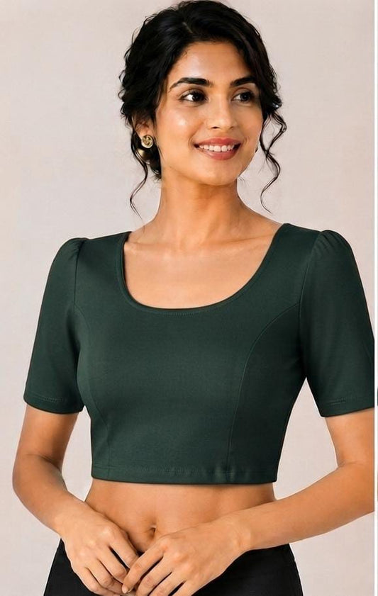 Bottle green Crushed Textured Saree Blouse with Scoop Neck and Puff Half Sleeves in Germany