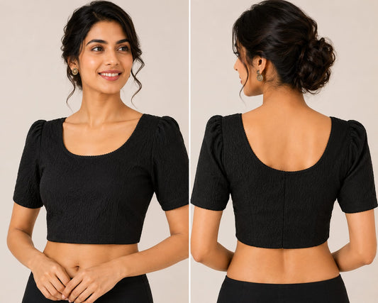 Black Crushed Textured Saree Blouse with Scoop Neck and Puff Half Sleeves in Germany