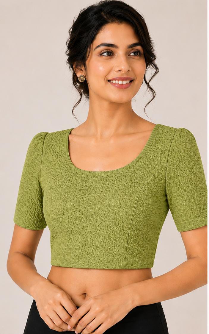 Olive green Crushed Textured Saree Blouse with Scoop Neck and Puff Half Sleeves in Germany