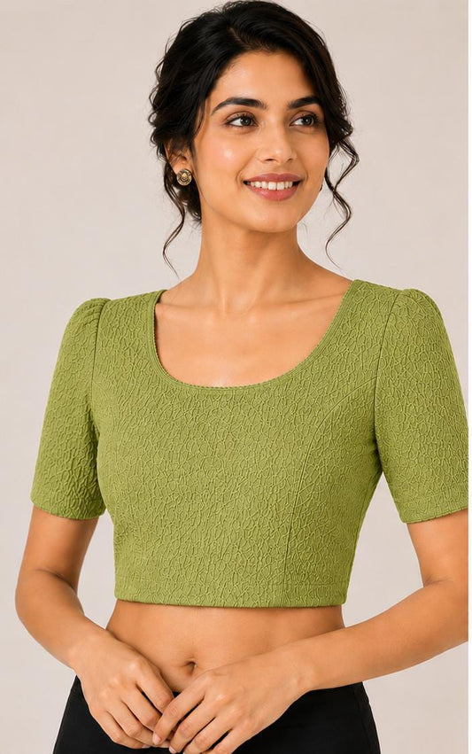 Olive green Crushed Textured Saree Blouse with Scoop Neck and Puff Half Sleeves in Germany