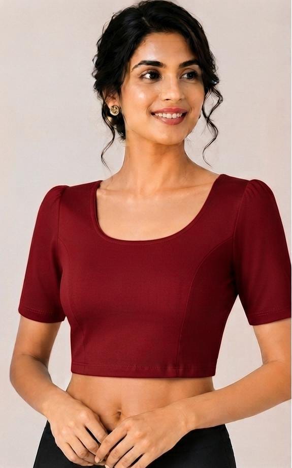Maroon Crushed Textured Saree Blouse with Scoop Neck and Puff Half Sleeves in Germany