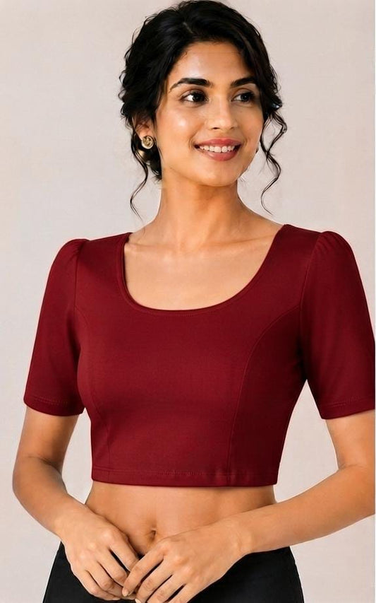 Maroon Crushed Textured Saree Blouse with Scoop Neck and Puff Half Sleeves in Germany