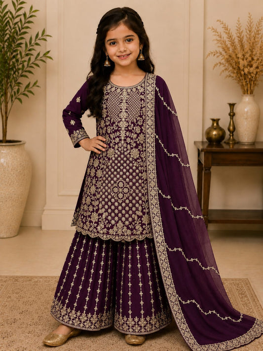 Purple Georgette Embroidered Sharara Suit Set in Berlin