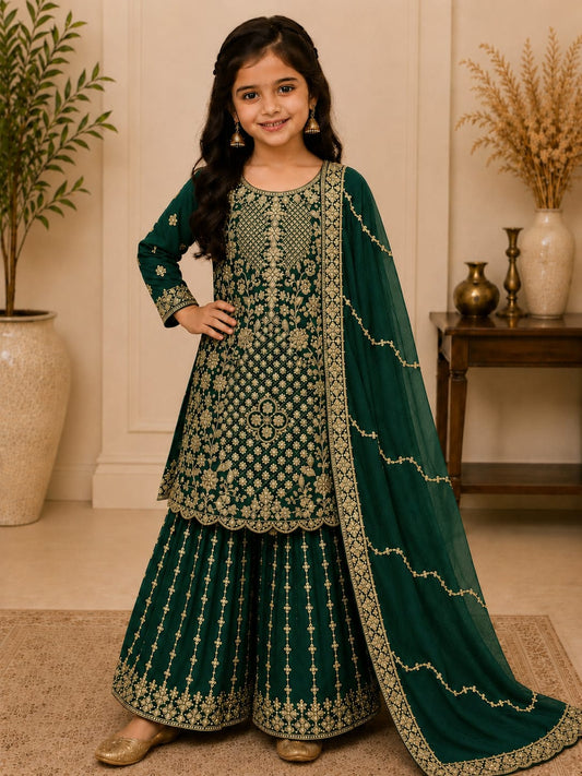 Dark Green Georgette Embroidered Sharara Suit Set in Berlin