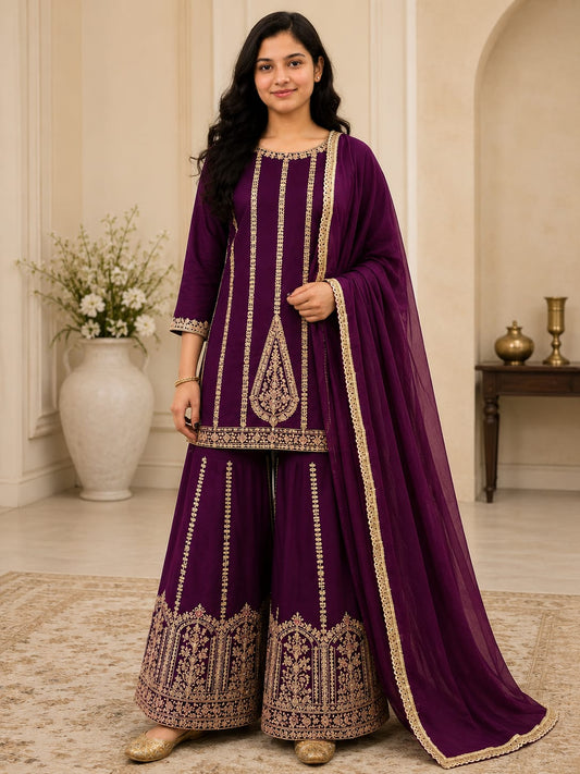 Women's Purple Embroidered Sharara Suit Set in Germany