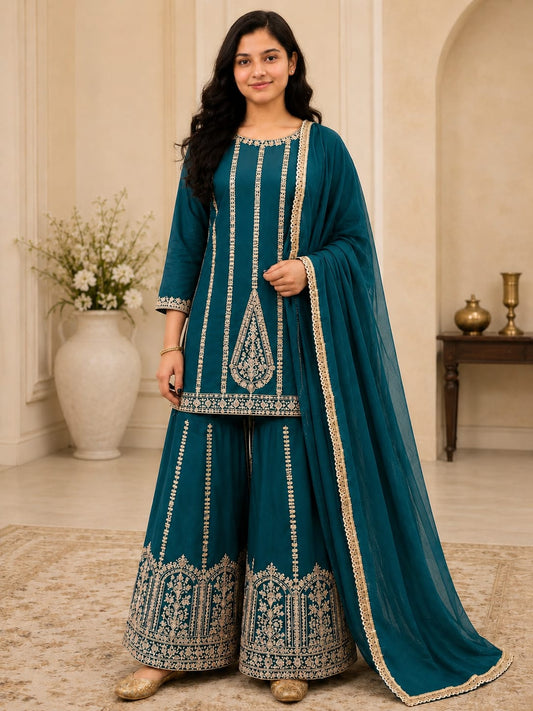 Women's teal Green Embroidered Sharara Suit Set in Germany