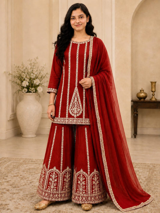 Women's Maroon Embroidered Sharara Suit Set in Germany
