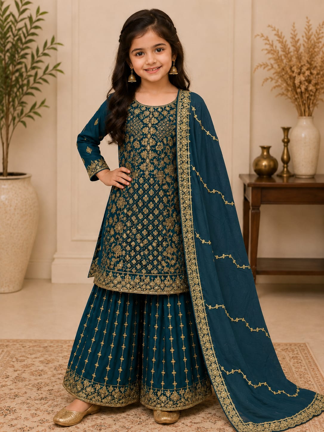 Teal Blue Georgette Embroidered Sharara Suit Set in Berlin