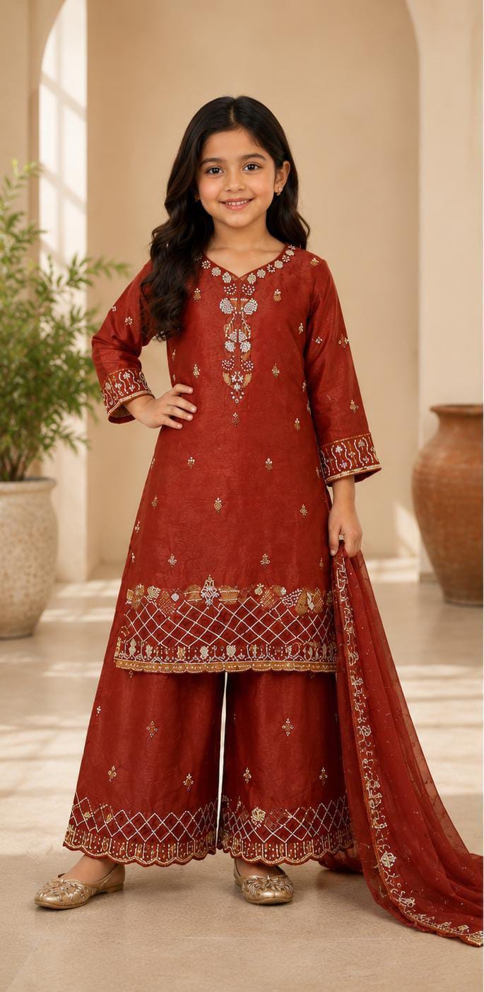 Girls' Red Embroidered Pakistani Style Kurta Palazzo Set with Dupatta in Germany