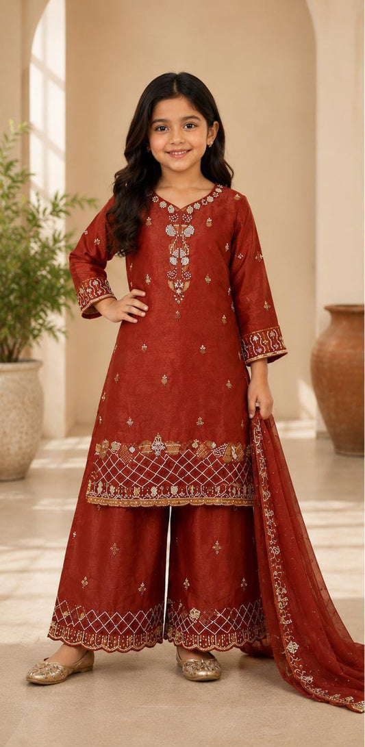Girls' Red Embroidered Pakistani Style Kurta Palazzo Set with Dupatta in Germany