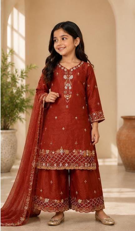 Girls' Red Embroidered Pakistani Style Kurta Palazzo Set with Dupatta in Germany