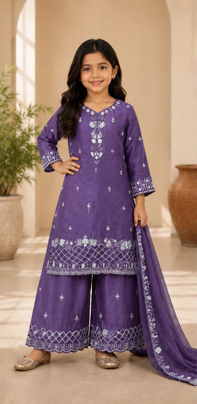 Girls Purple Embroidered Pakistani Style Kurta Palazzo Set with Dupatta in Germany