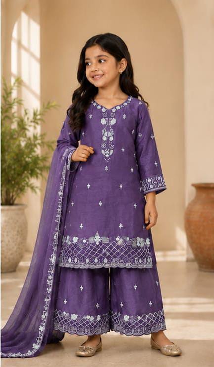 Girls Purple Embroidered Pakistani Style Kurta Palazzo Set with Dupatta in Germany