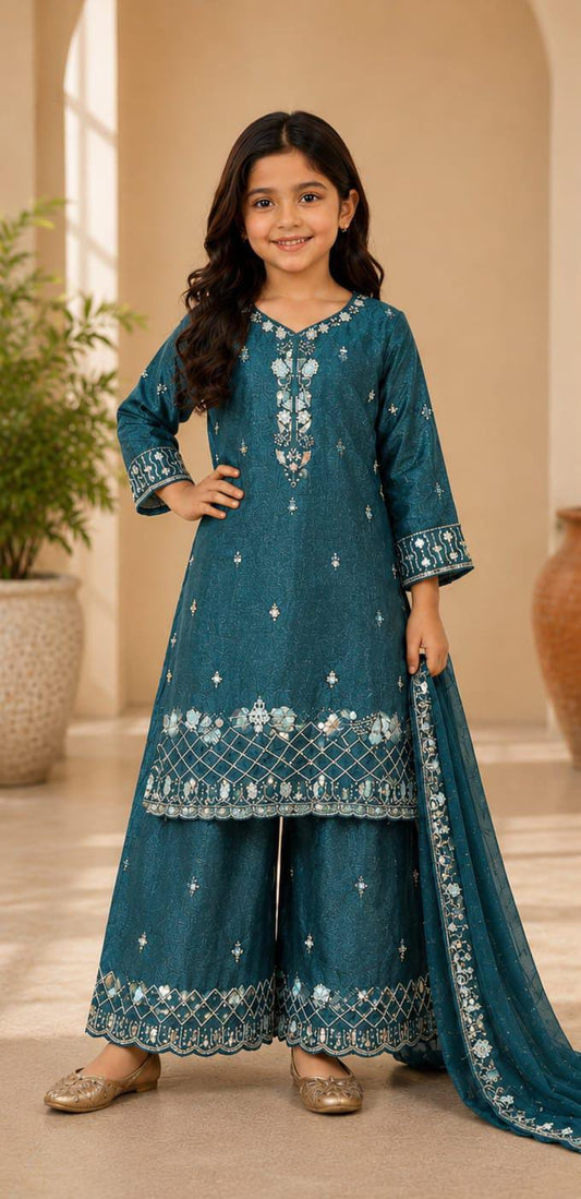 Girls Teal Blue Embroidered Pakistani Style Kurta Palazzo Set with Dupatta in Germany