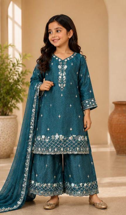 Girls Teal Blue Embroidered Pakistani Style Kurta Palazzo Set with Dupatta in Germany