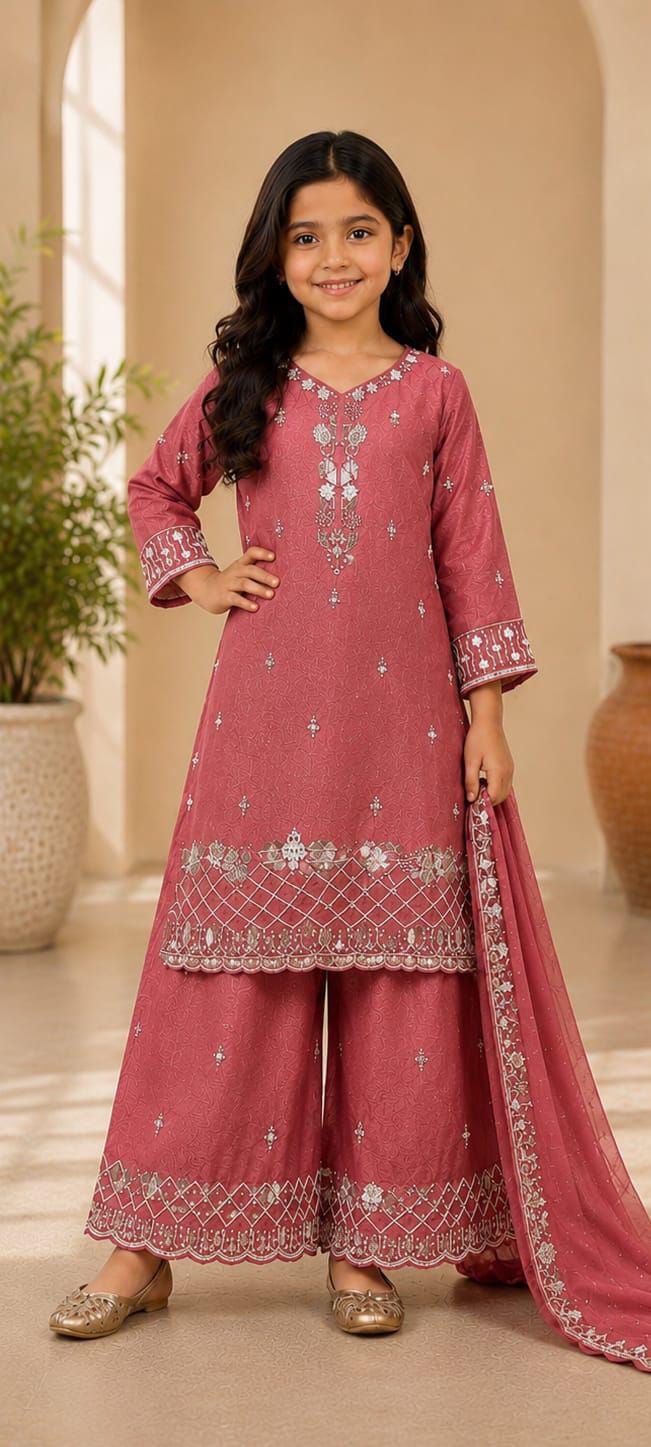 Girls Pink Embroidered Pakistani Style Kurta Palazzo Set with Dupatta in Germany