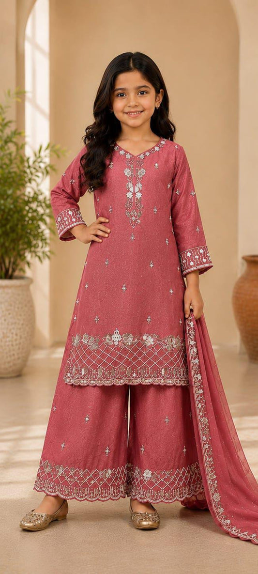 Girls Pink Embroidered Pakistani Style Kurta Palazzo Set with Dupatta in Germany