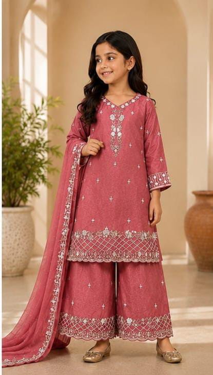 Girls Pink Embroidered Pakistani Style Kurta Palazzo Set with Dupatta in Germany
