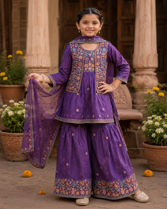 Purple Embroidered Sharara Suit Set in Germany
