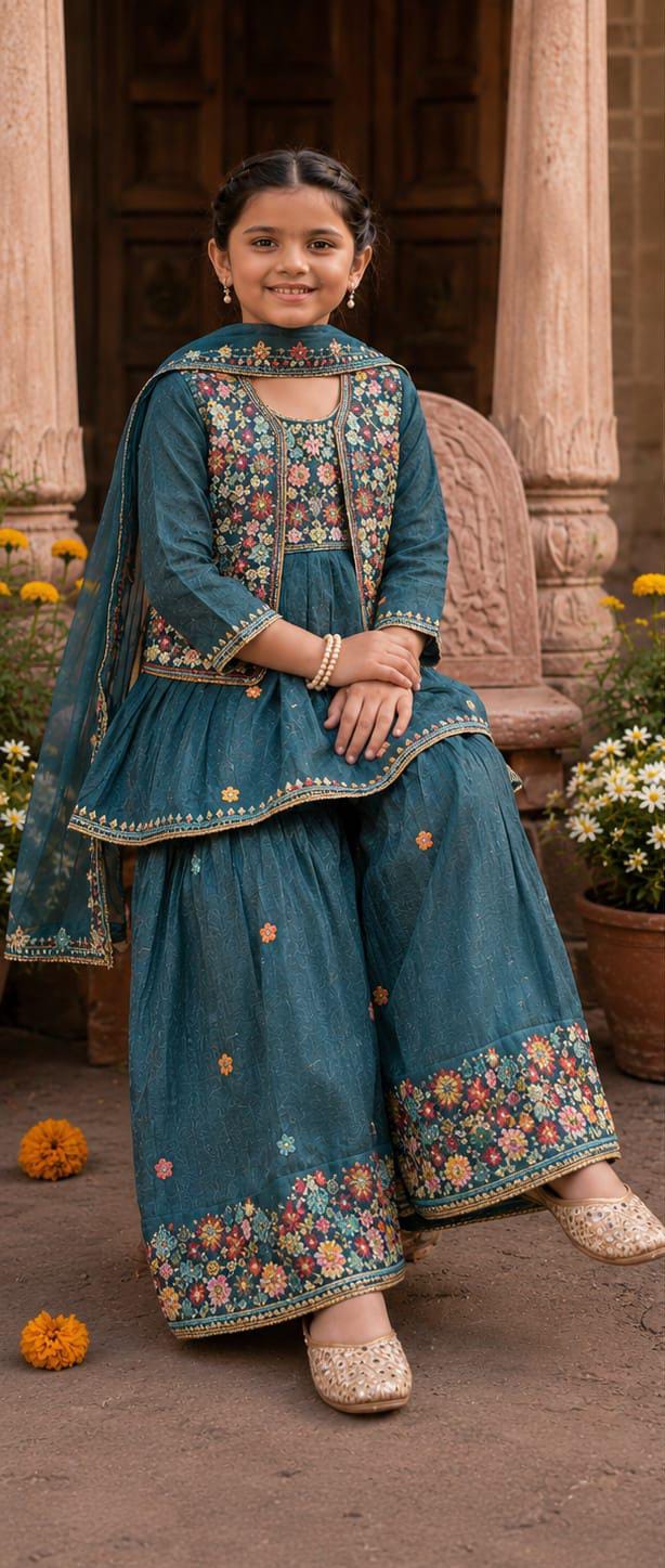 Teal Blue Embroidered Sharara Suit Set in Germany