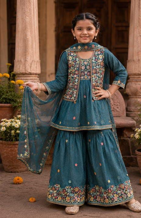 Teal Blue Embroidered Sharara Suit Set in Germany