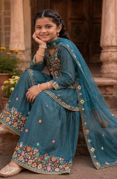 Teal Blue Embroidered Sharara Suit Set in Germany