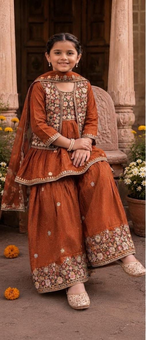 Orange Embroidered Sharara Suit Set in Germany
