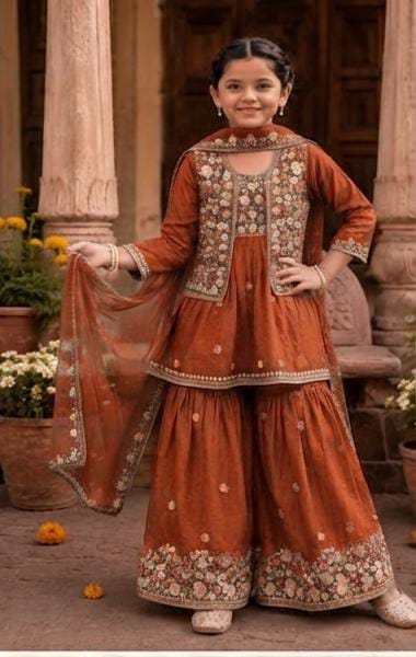 Orange Embroidered Sharara Suit Set in Germany