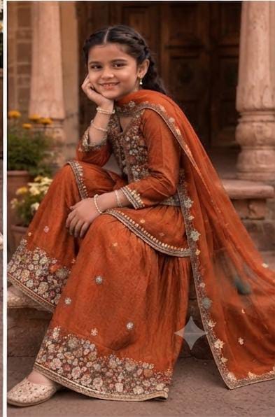 Orange Embroidered Sharara Suit Set in Germany