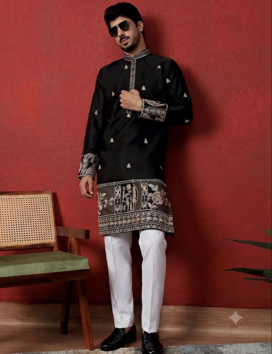 Men's Cotton Silk Floral Daman Embroidered Kurta Trouser Pant Set in Germany