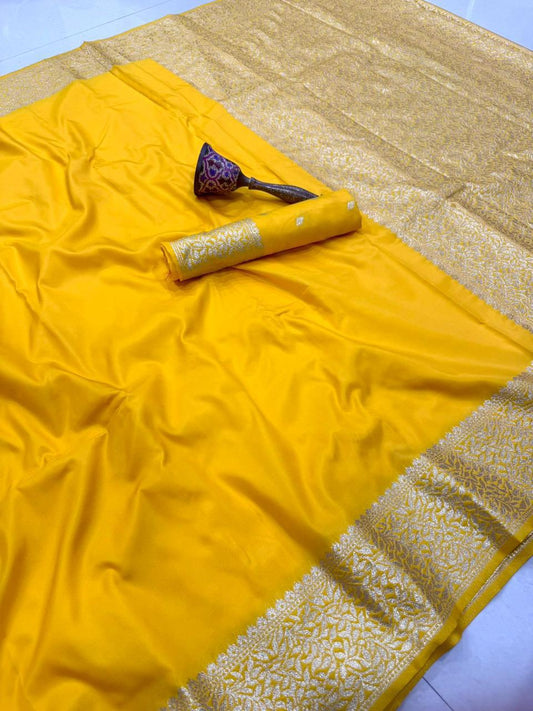 Vibrant Yellow Banarasi Silk Saree with Silver Zari in Germany