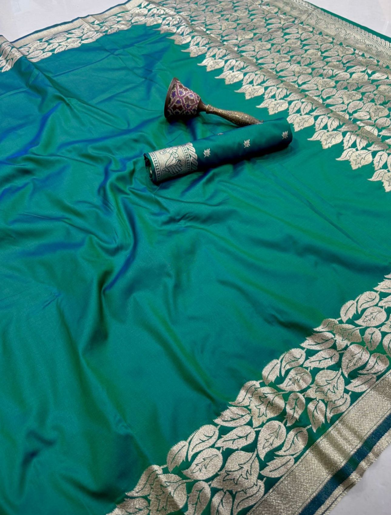 Teal Green Banarasi Silk Saree with Traditional Zari Border in Germany