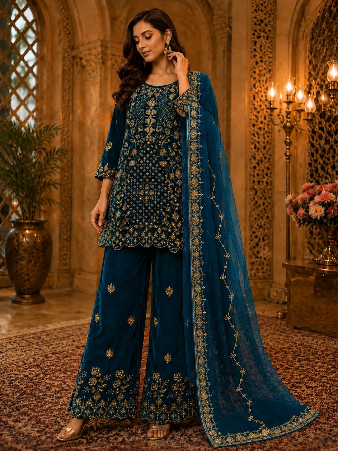 Teal blue velvet embroidered Pakistani Plazzo Suit in Germany