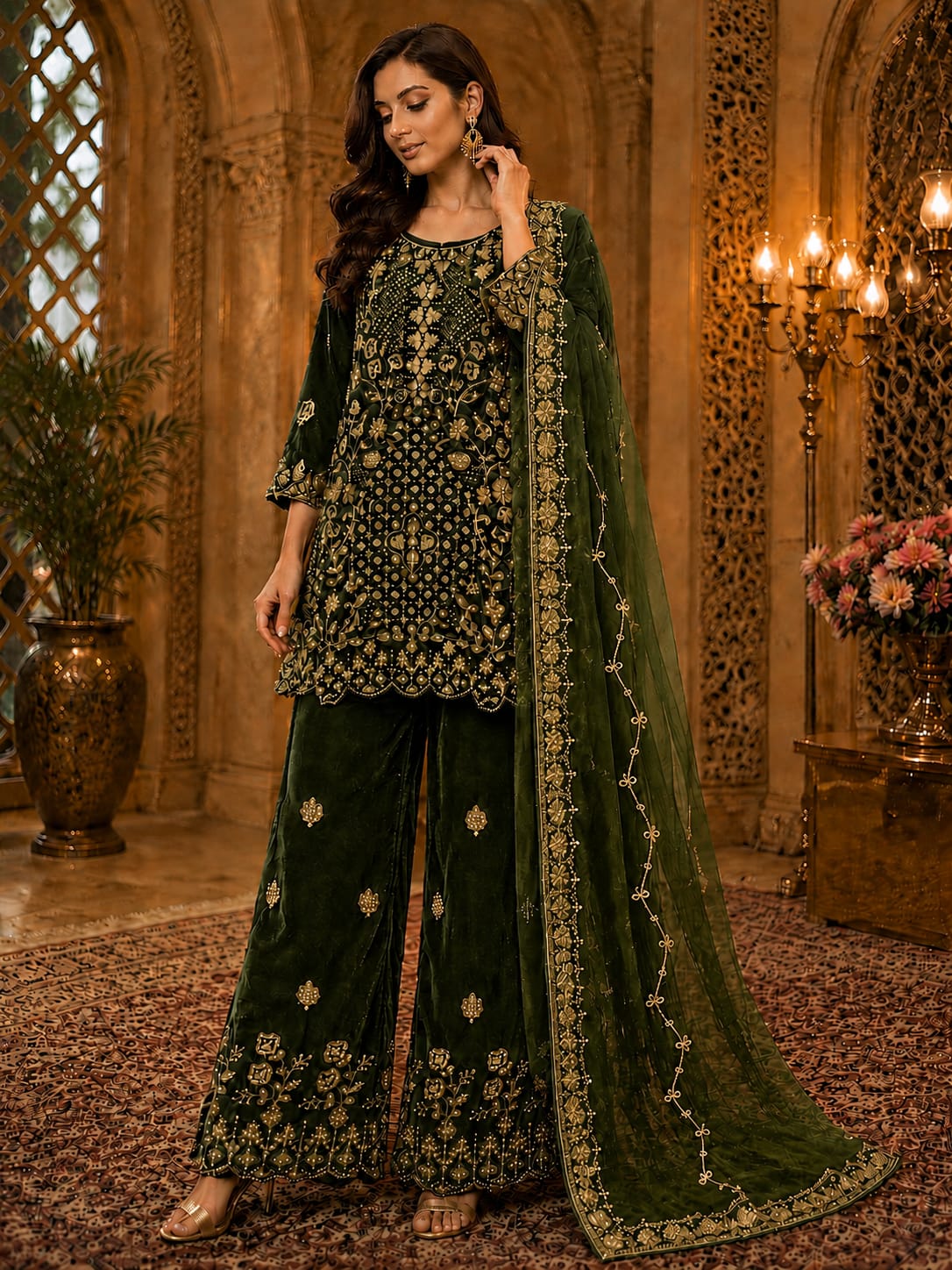 Dark Green velvet embroidered Pakistani Plazzo Suit in Germany