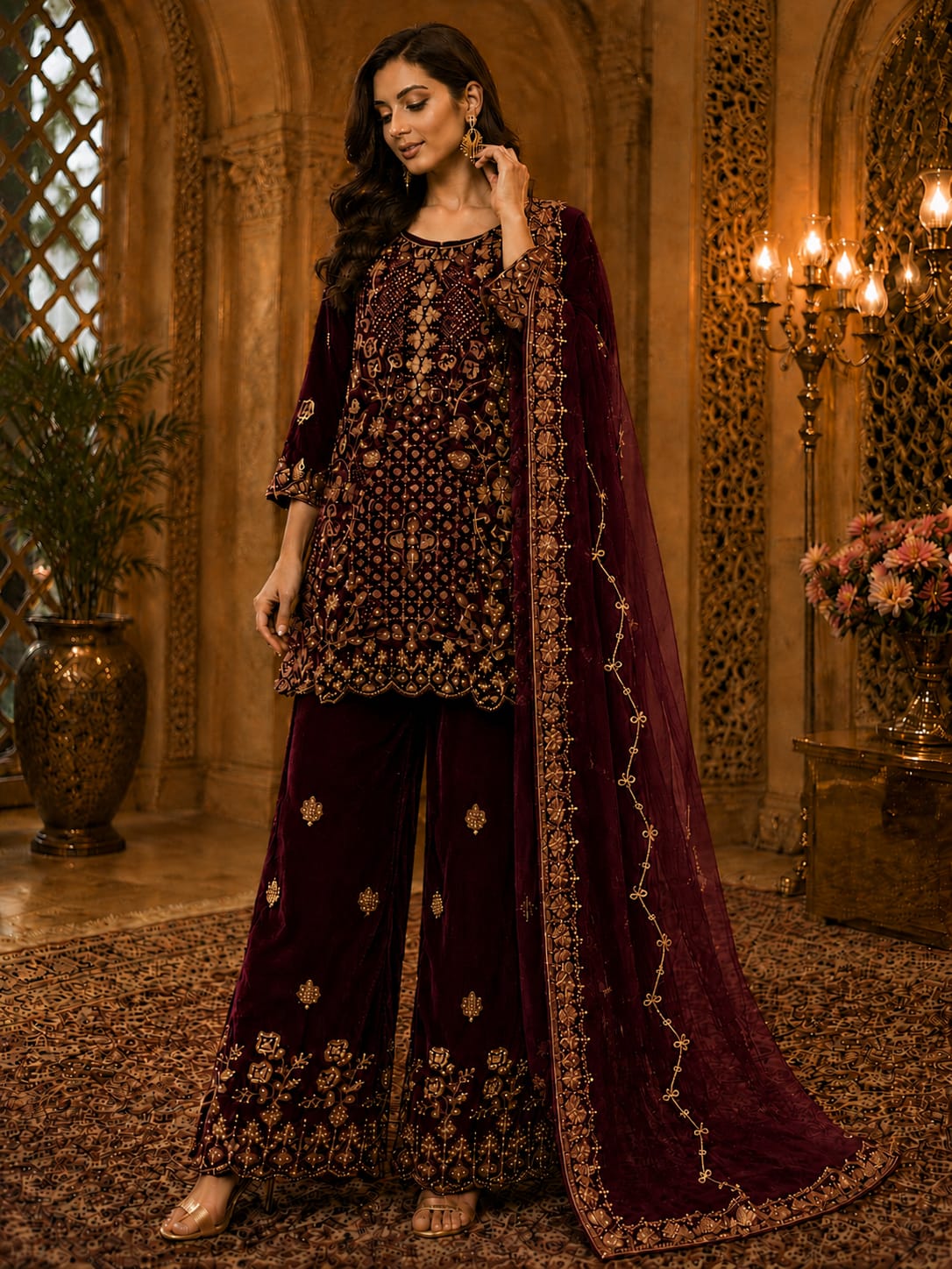 Maroon velvet embroidered Pakistani Plazzo Suit in Germany