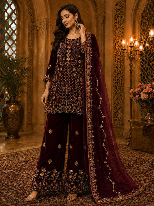 Maroon velvet embroidered Pakistani Plazzo Suit in Germany