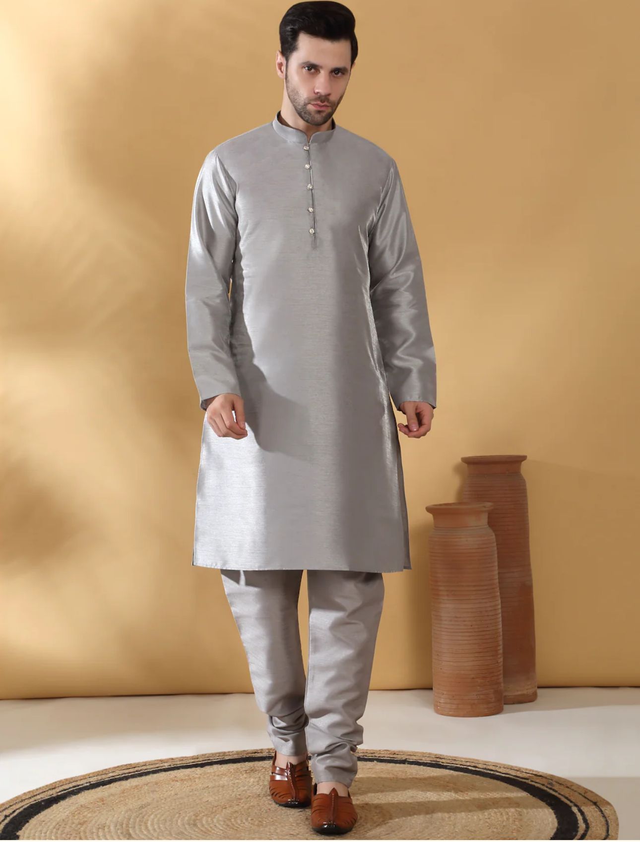 Grey Silk Blend Kurta churidar with Jacquard Geometric Sleeveless Nehru Jacket set in Germany