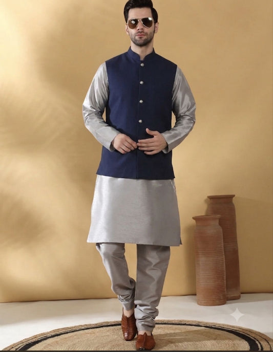 Grey Silk Blend Kurta churidar with Jacquard Geometric Sleeveless Nehru Jacket set in Germany
