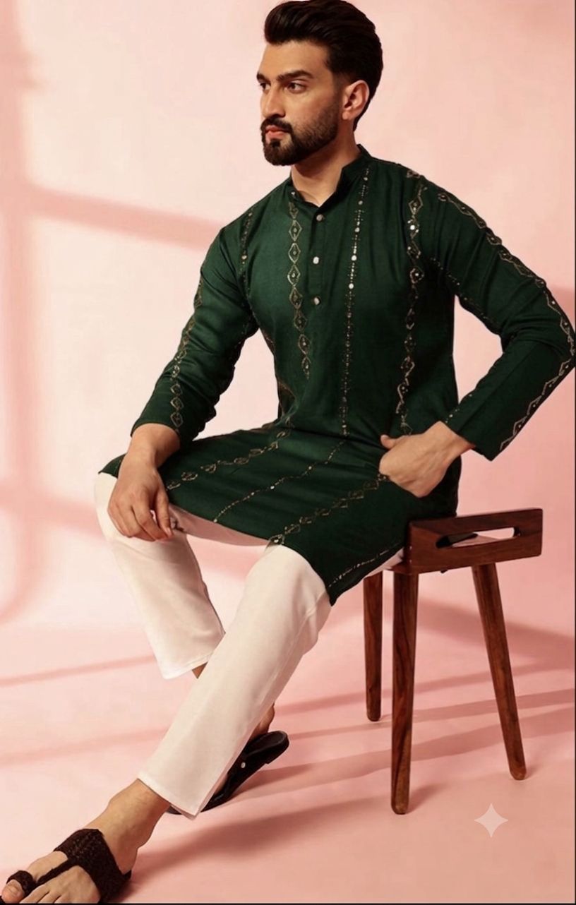 Men Embroidered Regular Mirror Work Pure Cotton Kurta with Pyjamas in Berlin